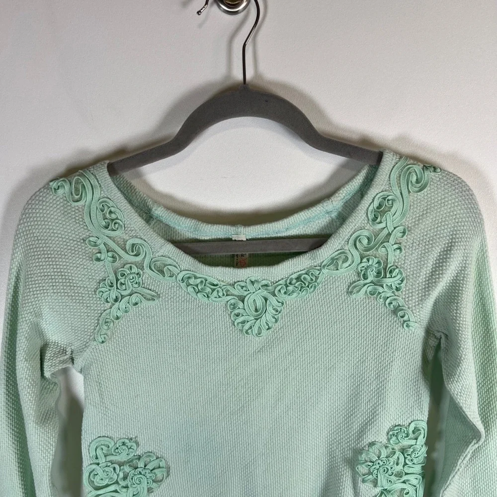 Free People Mint Green Thermal Waffle Knit Soutache Applique Top‎ Medium Boho